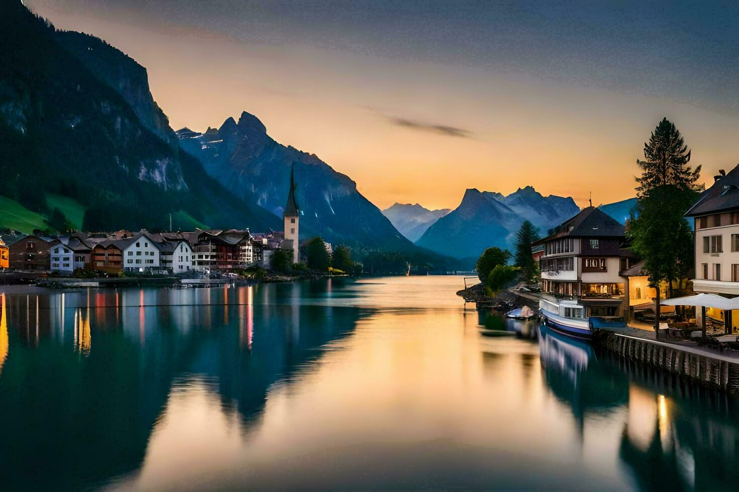 il sole imposta al di sopra di il montagne e cittadina nel Svizzera. ai-generato foto