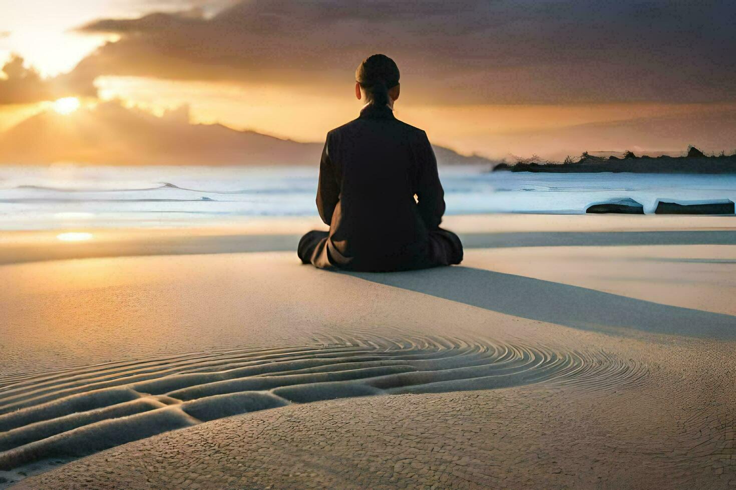 un' uomo seduta su il spiaggia a tramonto. ai-generato foto