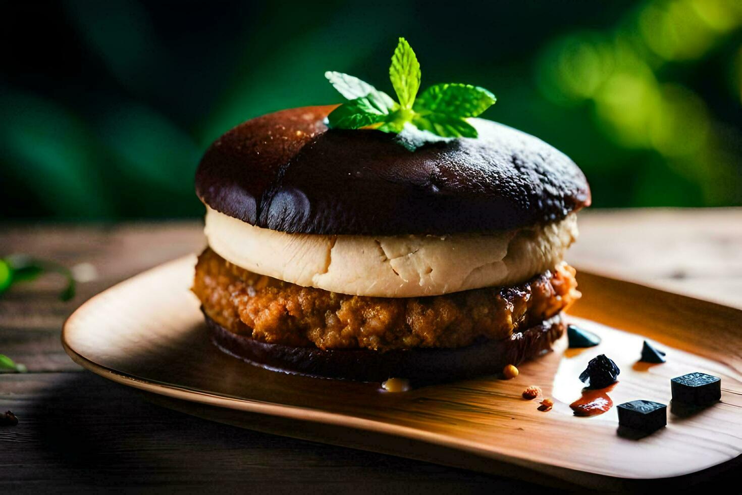 un' cioccolato ghiaccio crema Sandwich con un' menta foglia su superiore. ai-generato foto