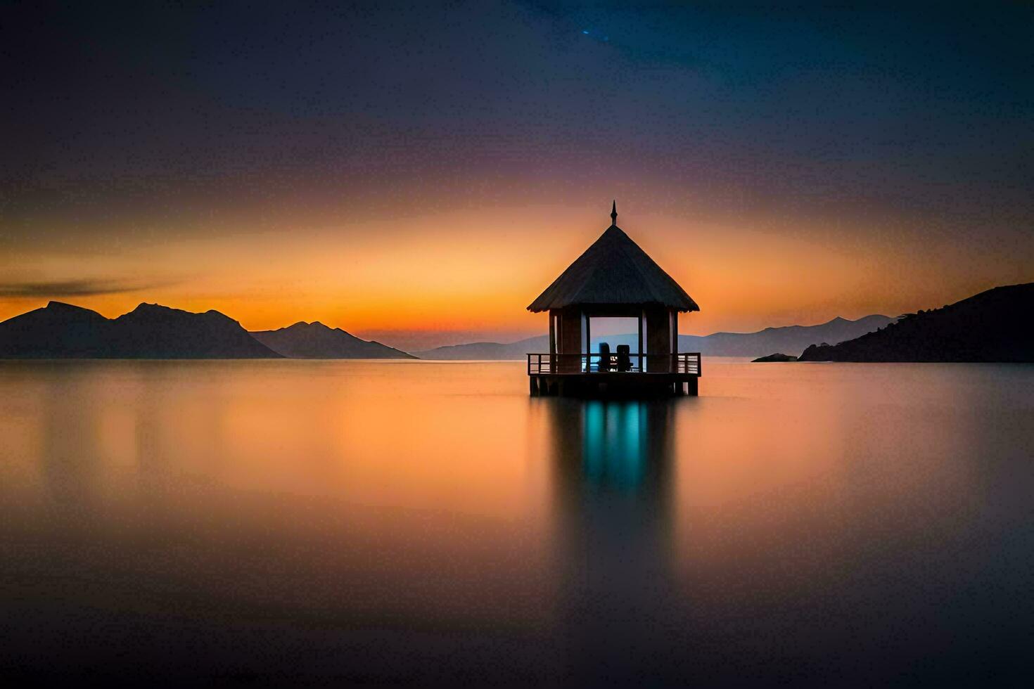 un' gazebo si siede su il riva di un' lago a tramonto. ai-generato foto