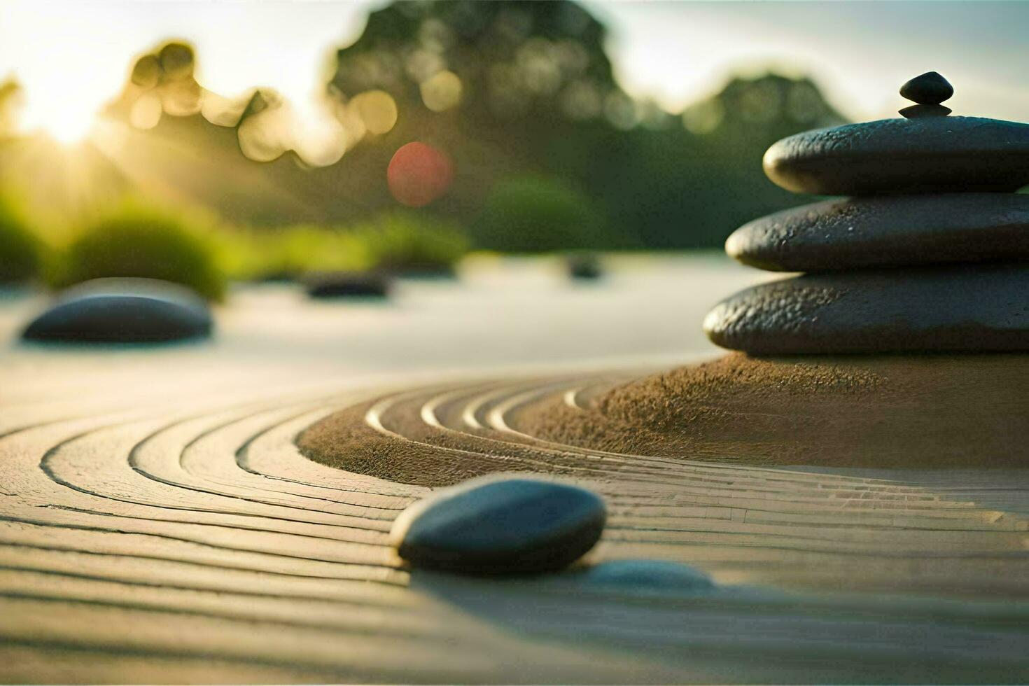 un' pila di rocce e pietre su un' sabbioso spiaggia. ai-generato foto