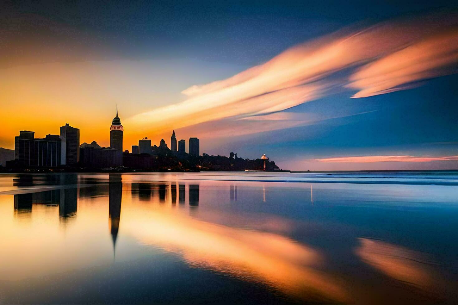 il città orizzonte è riflessa nel il acqua a tramonto. ai-generato foto