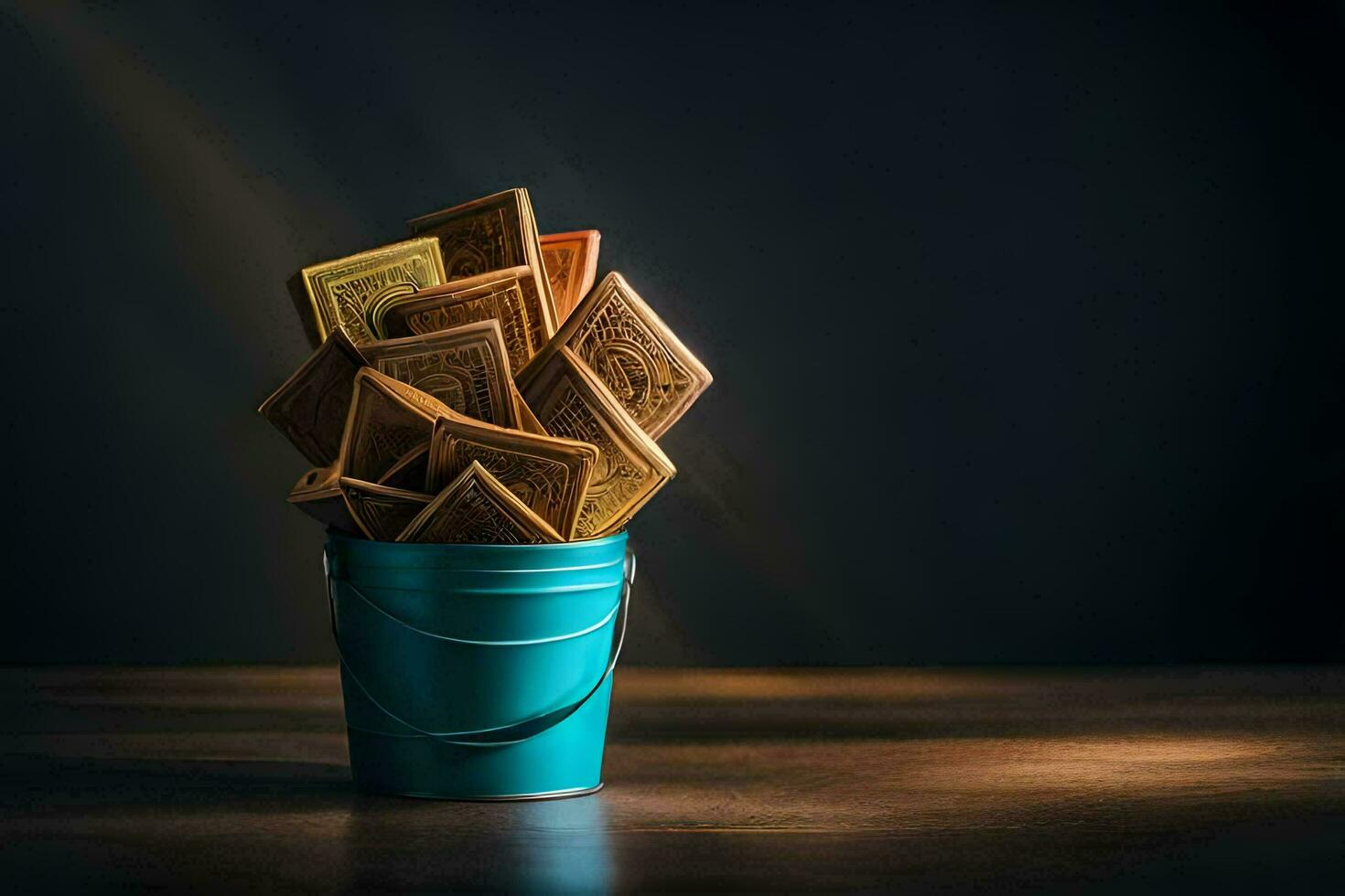 un' secchio pieno con cioccolato barre su un' tavolo. ai-generato foto