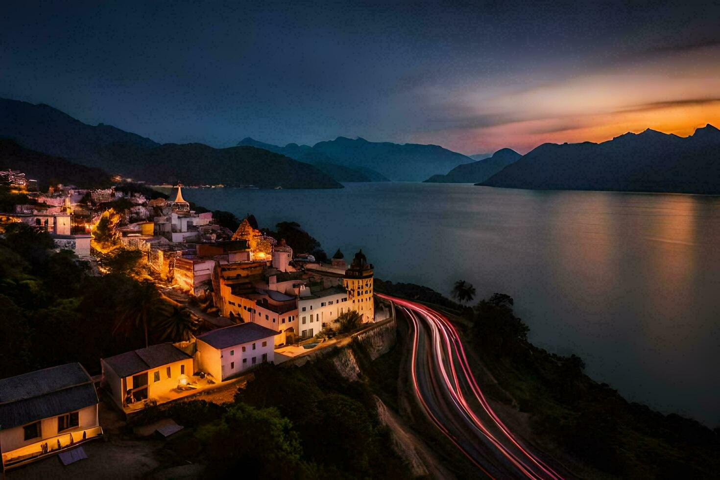 un' cittadina e lago a crepuscolo. ai-generato foto