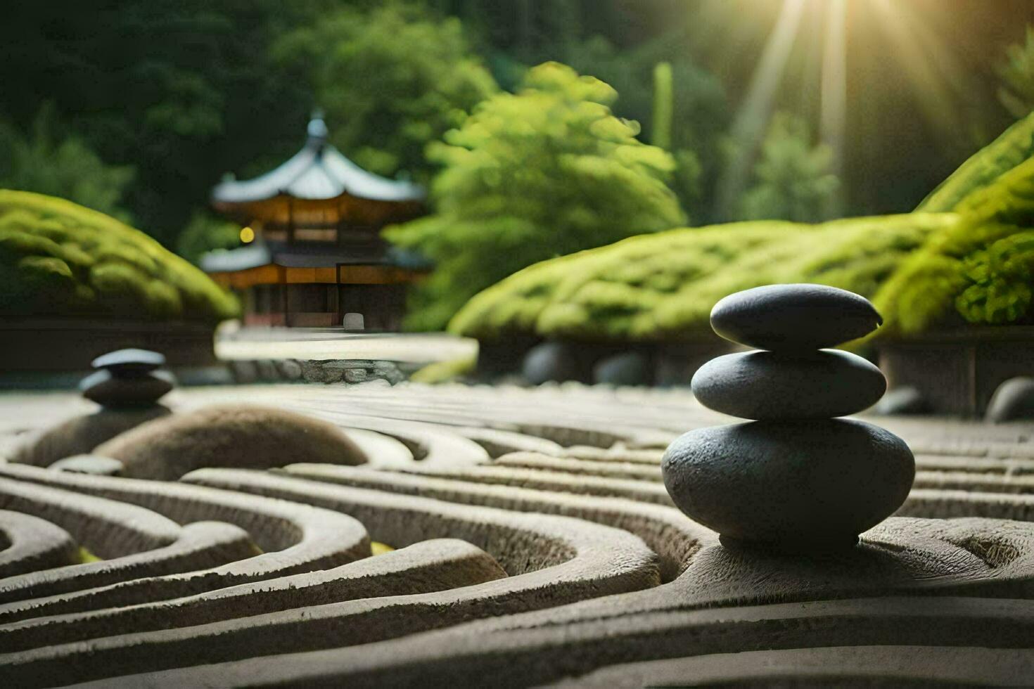 un' pietra labirinto nel il mezzo di un' giardino. ai-generato foto