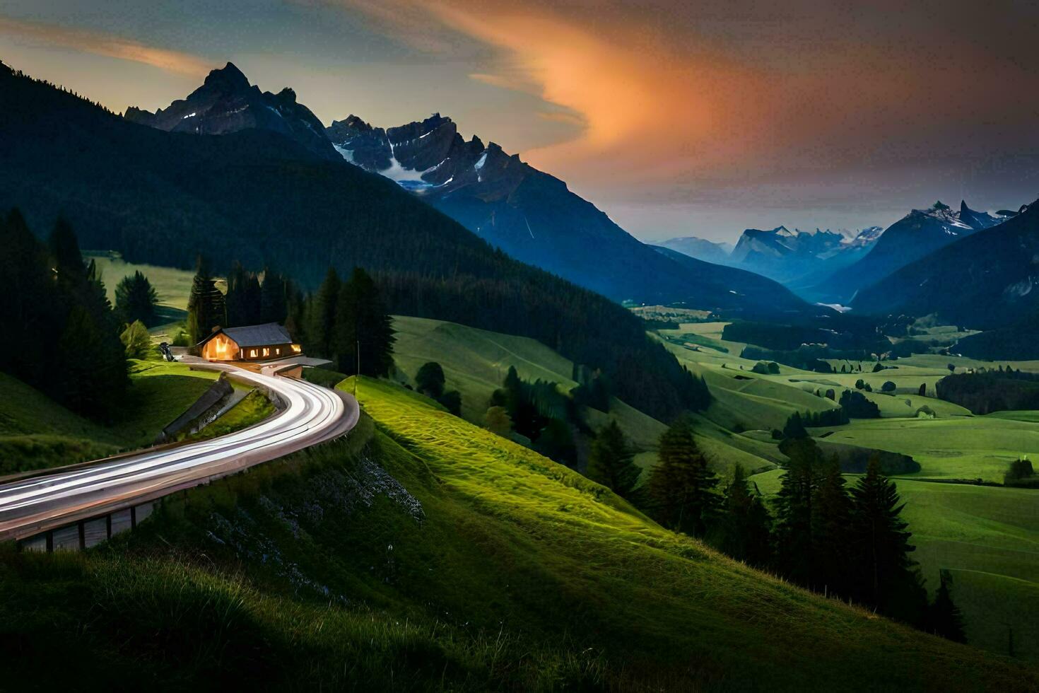 il strada per il Alpi. ai-generato foto