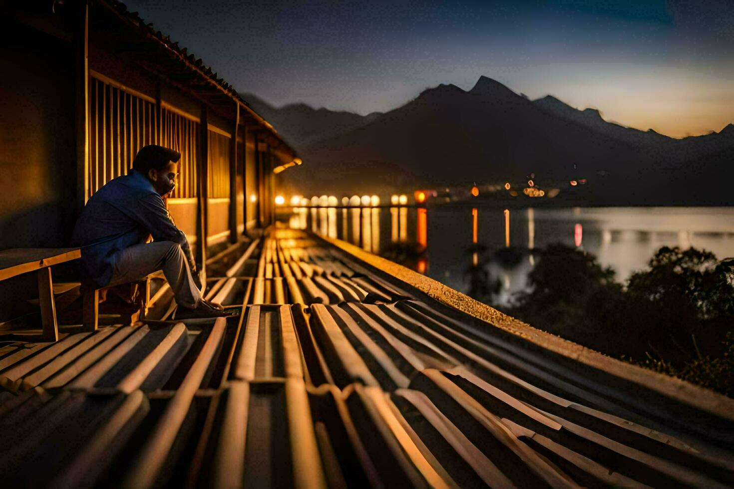 un' uomo seduta su un' panchina a notte con montagne nel il sfondo. ai-generato foto