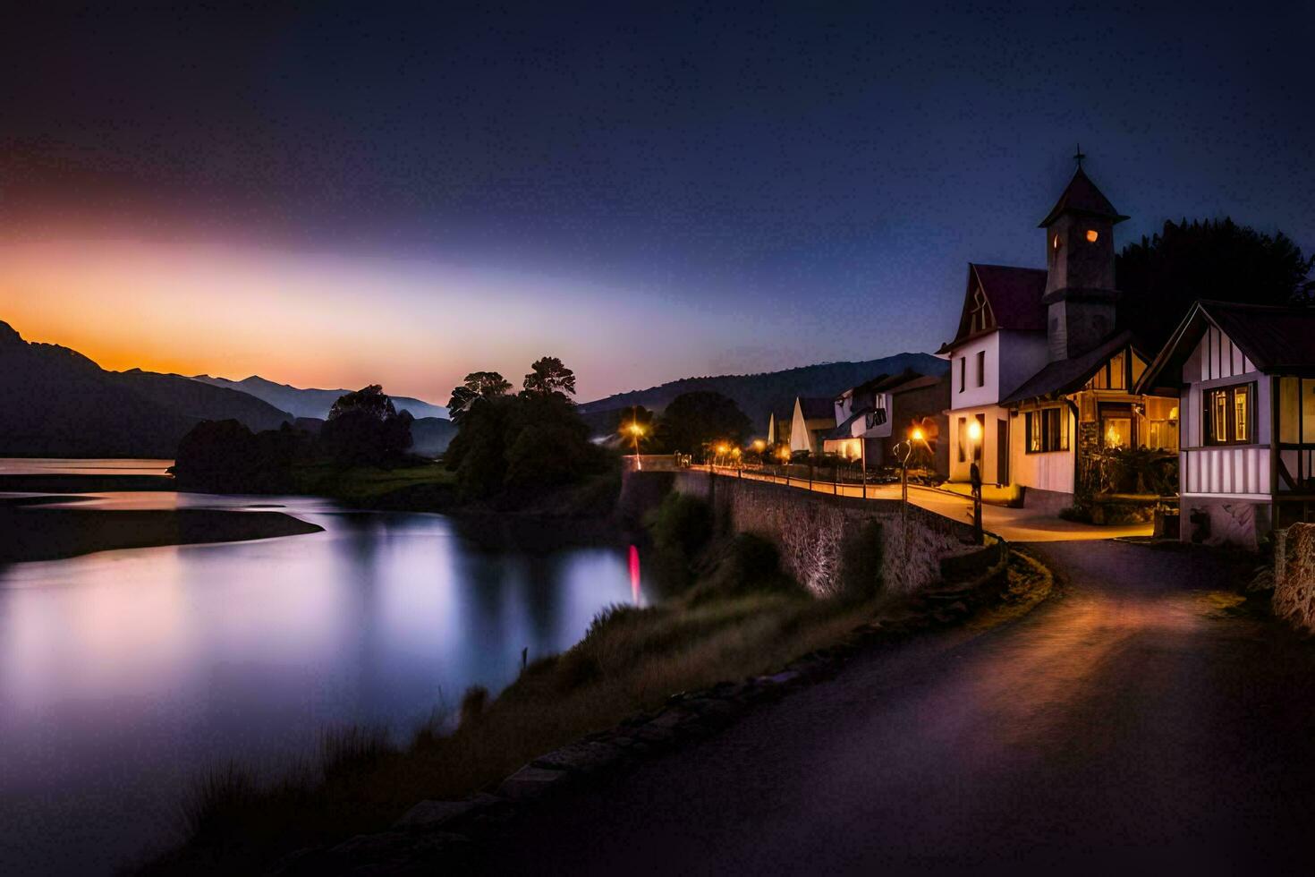 un' villaggio a crepuscolo con un' fiume e montagne nel il sfondo. ai-generato foto