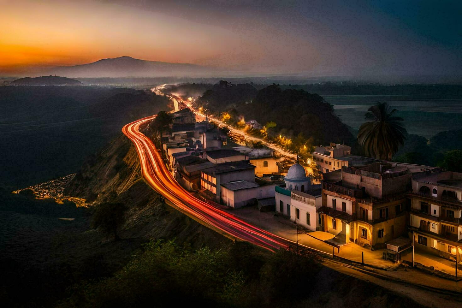 un' tramonto Visualizza di un' cittadina con un' strada e case. ai-generato foto