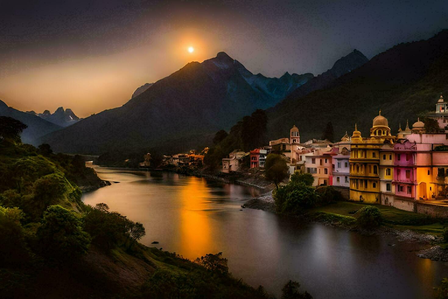 foto sfondo il cielo, montagne, fiume, tramonto, il città, India, il fiume. ai-generato