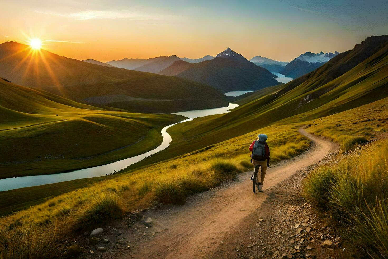 un' uomo equitazione un' bicicletta su un' pista nel il montagne. ai-generato foto