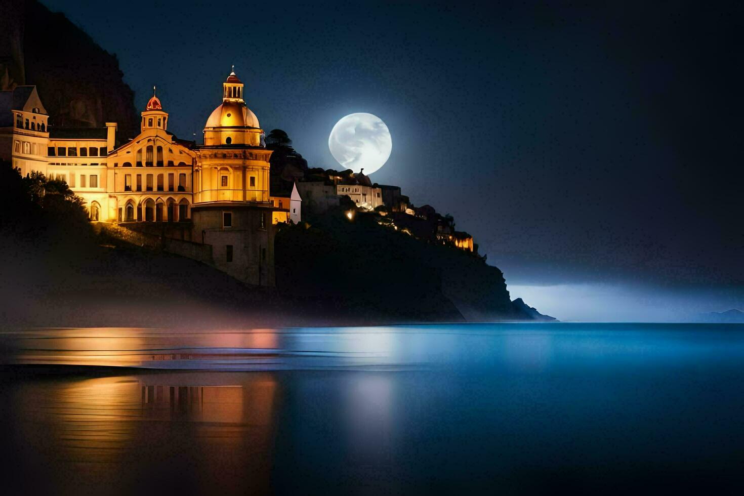 un' castello si siede su il riva di un' corpo di acqua a notte. ai-generato foto