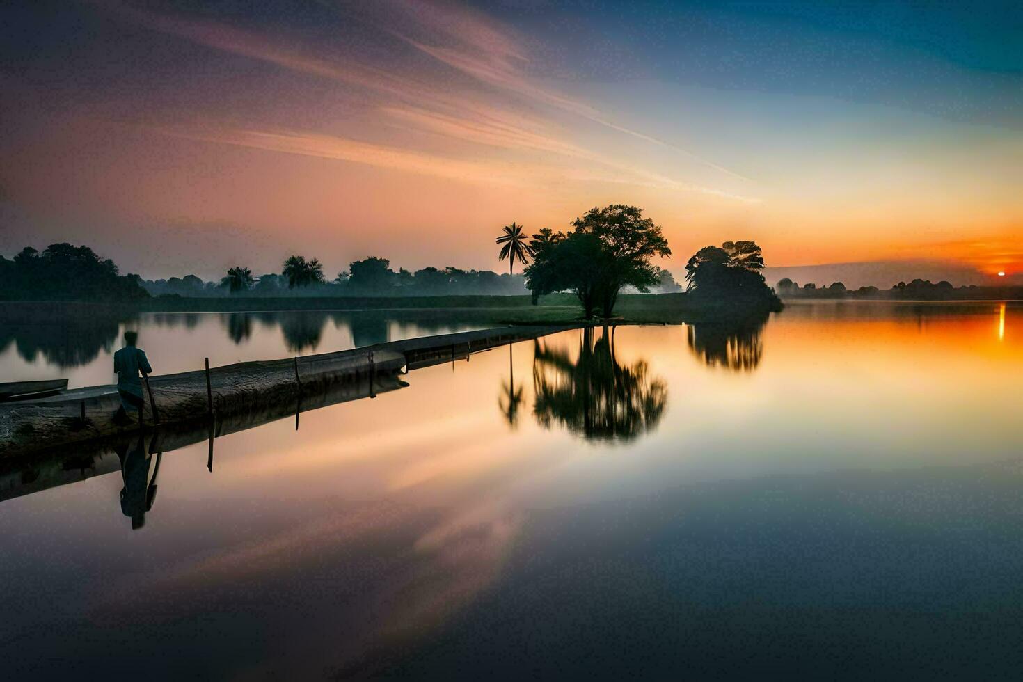 un' uomo sta su un' bacino a tramonto. ai-generato foto