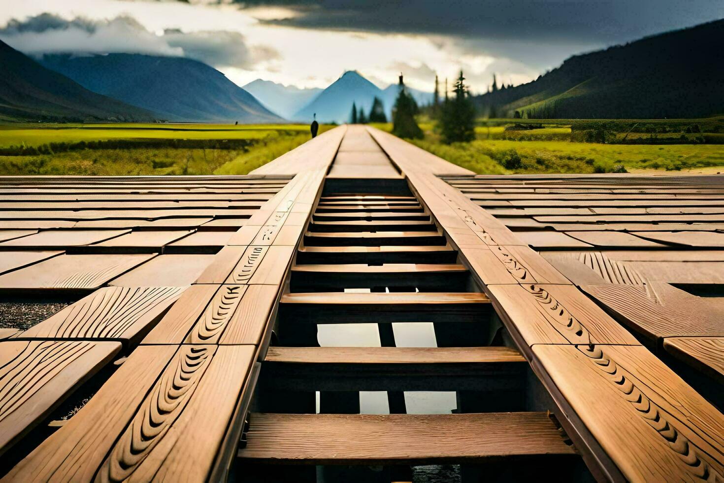 un' di legno ponte con un' cielo Visualizza. ai-generato foto