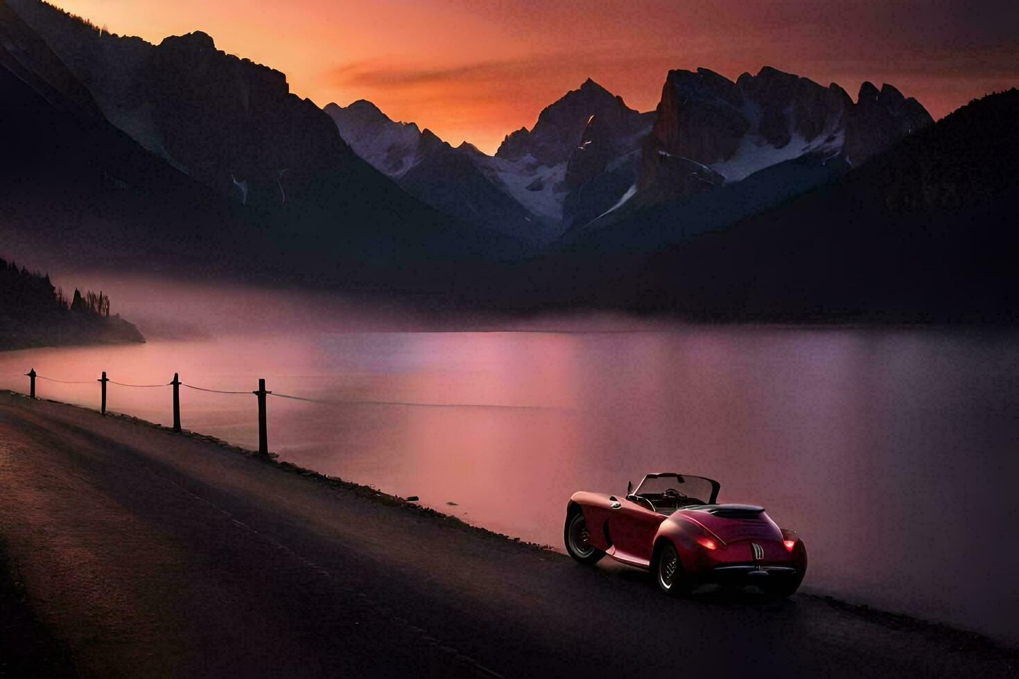 un' rosso gli sport auto è parcheggiata su il lato di un' lago a tramonto. ai-generato foto