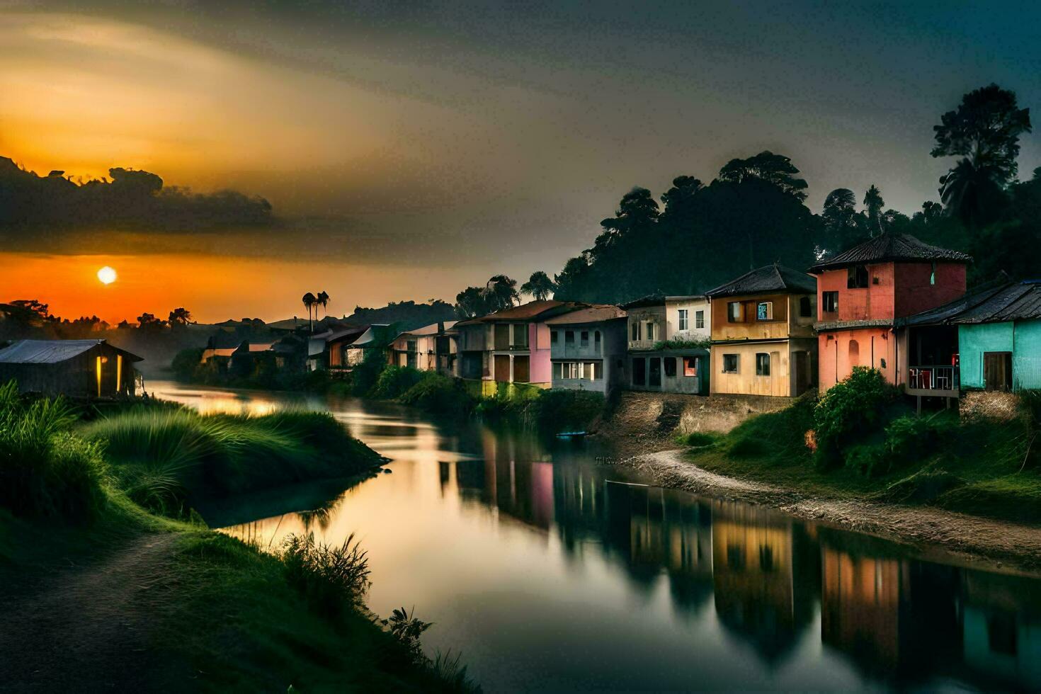 un' fiume corre attraverso un' villaggio a tramonto. ai-generato foto