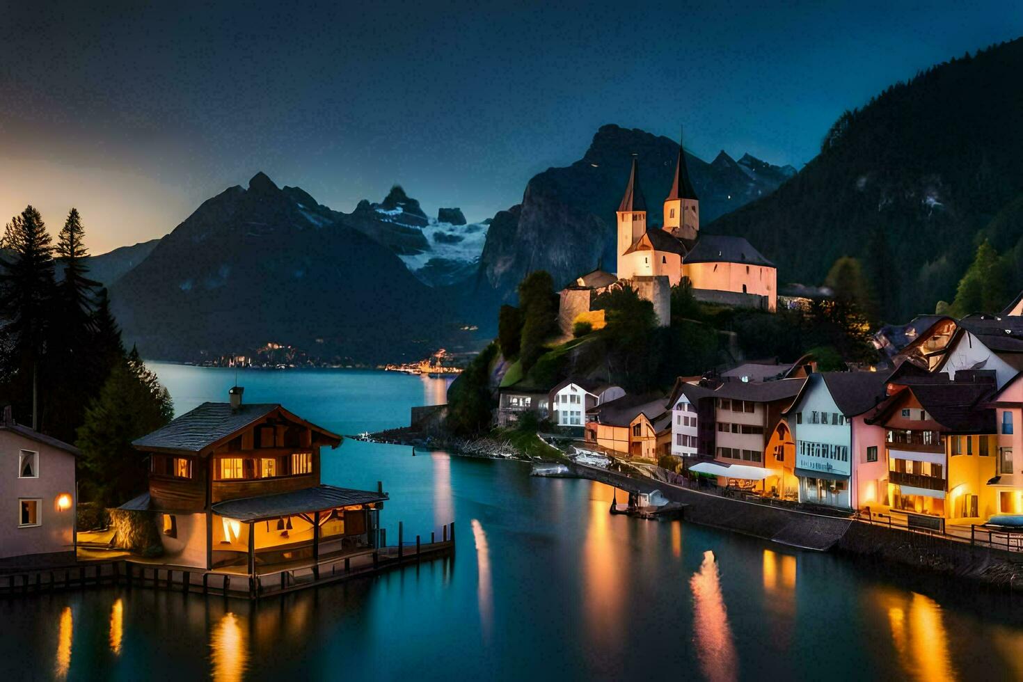 foto sfondo il cielo, montagne, lago, cittadina, Casa, Casa, Casa, casa,. ai-generato