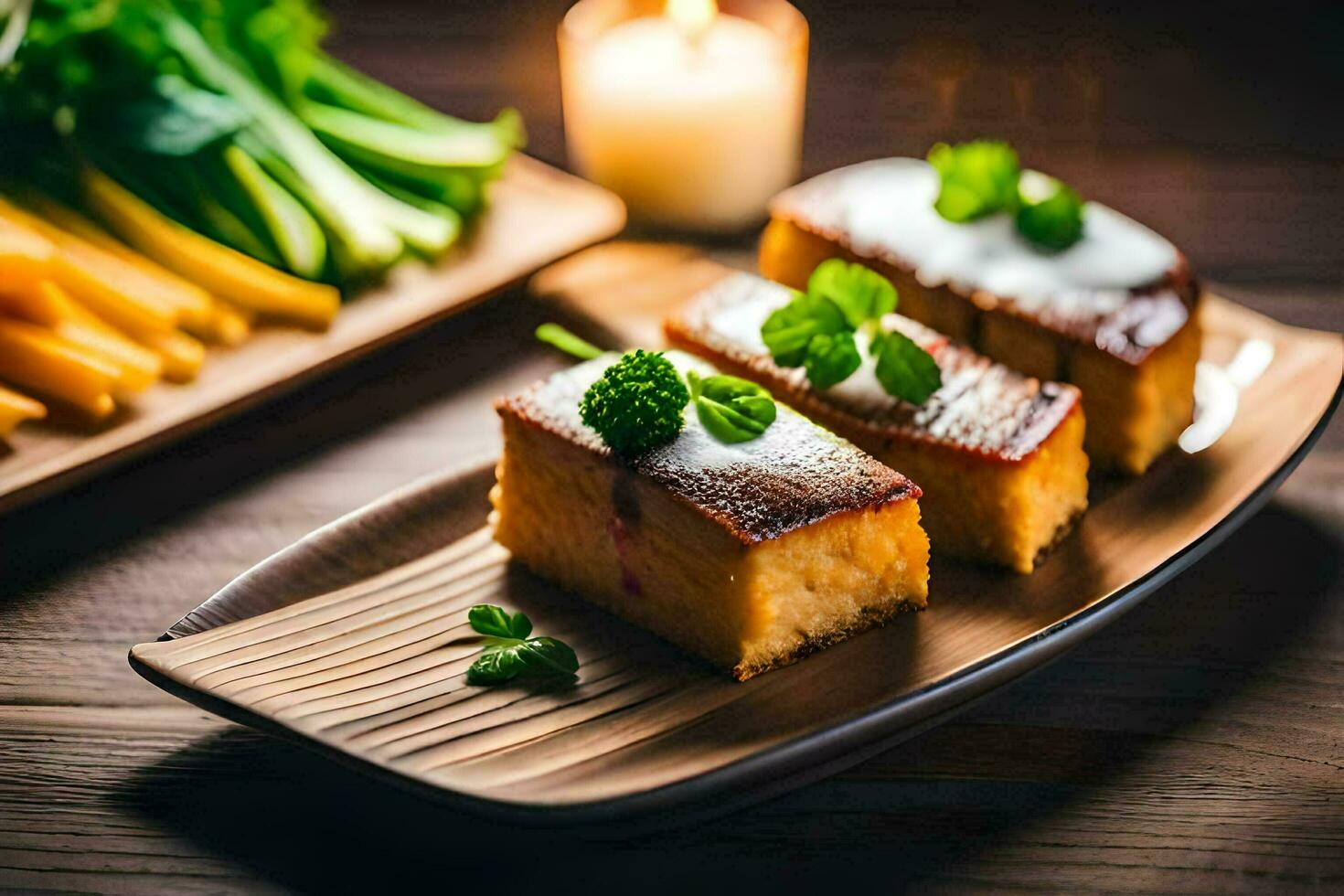 un' piatto con un' pezzo di torta e alcuni verdure. ai-generato foto