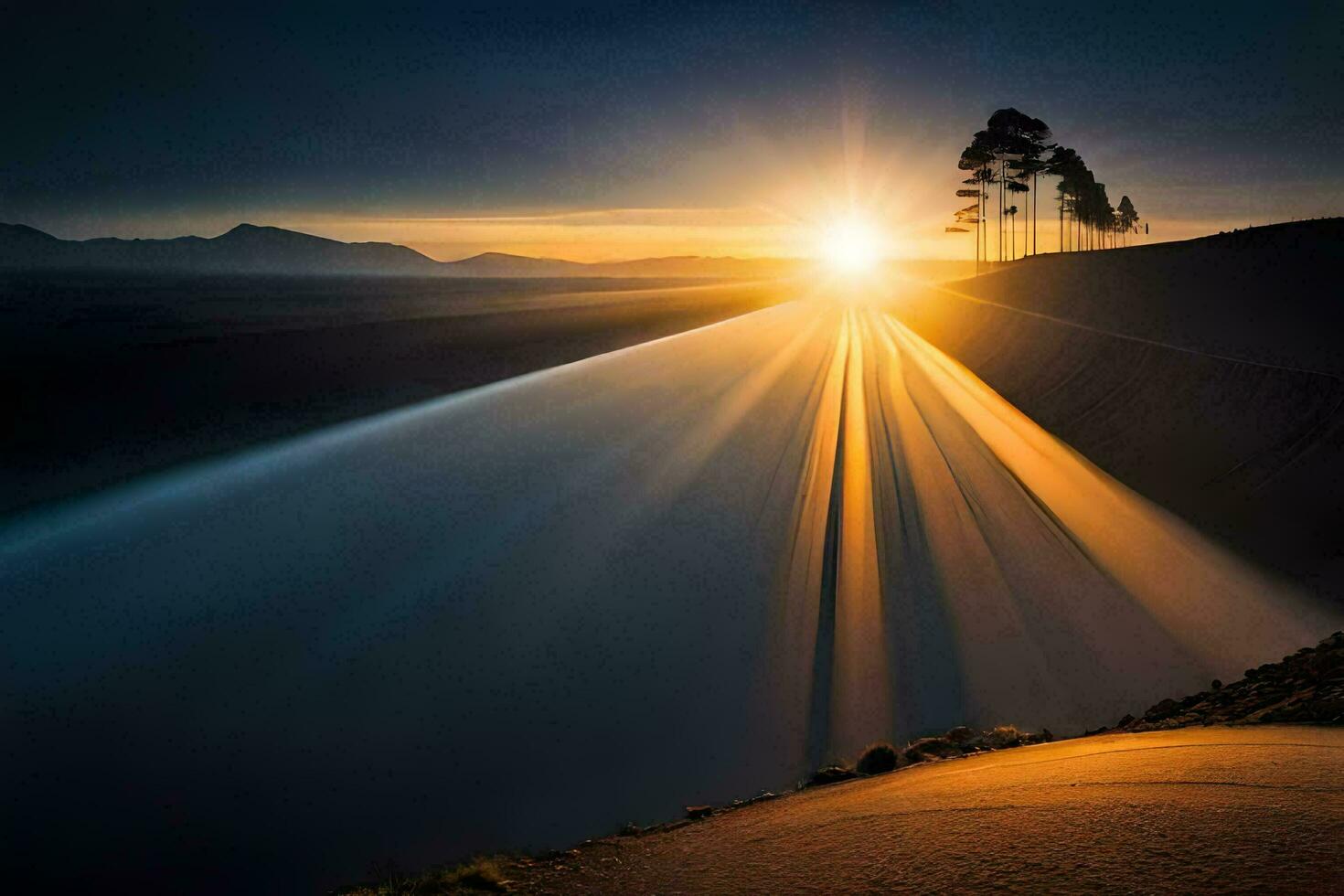 il sole è splendente al di sopra di un' lago e un' strada. ai-generato foto