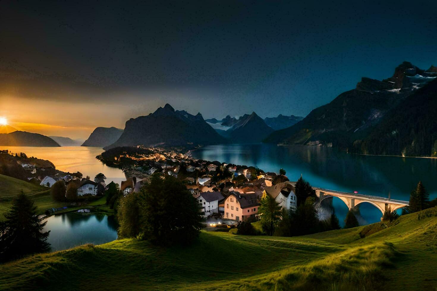 il sole imposta al di sopra di un' lago e montagne nel Svizzera. ai-generato foto