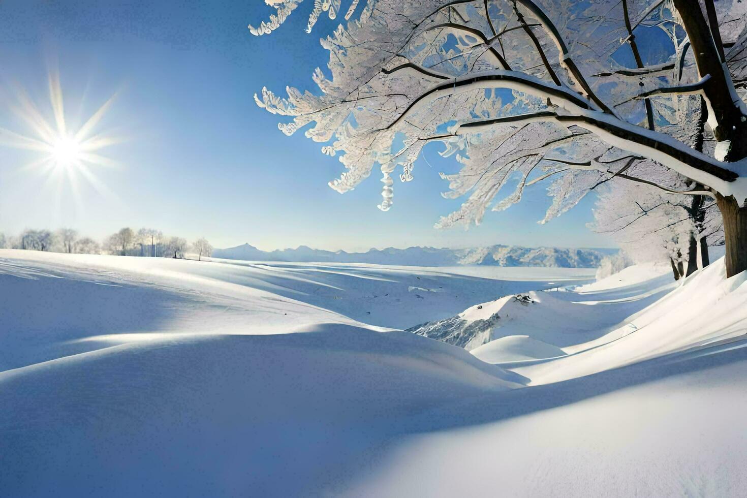 neve coperto alberi e il sole splendente al di sopra di un' nevoso paesaggio. ai-generato foto