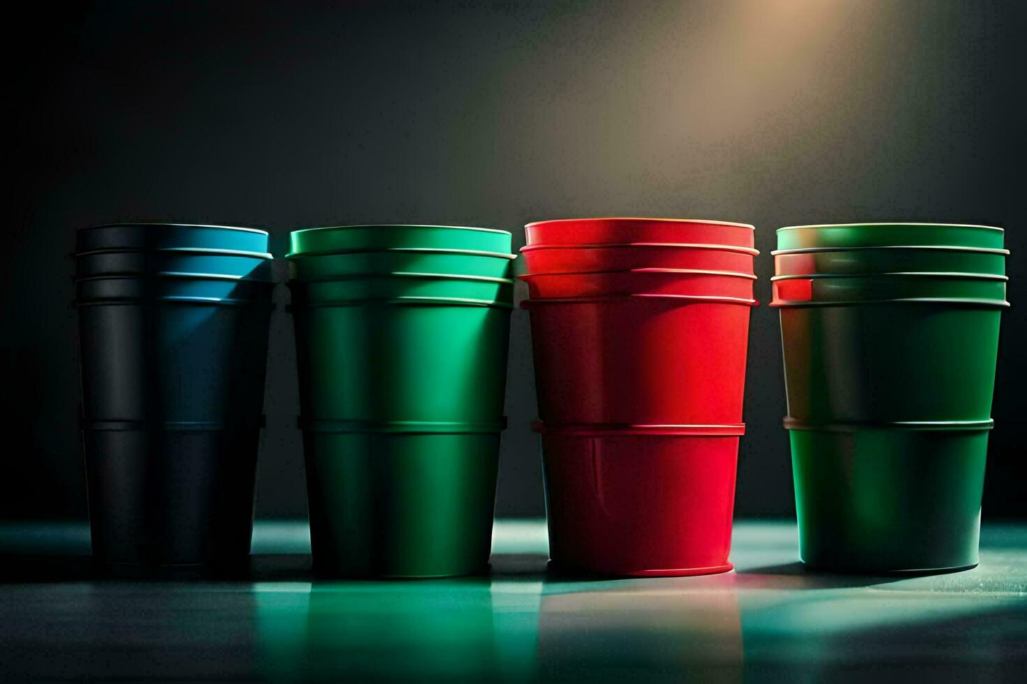 quattro rosso, verde e blu plastica tazze foderato su su un' tavolo. ai-generato foto