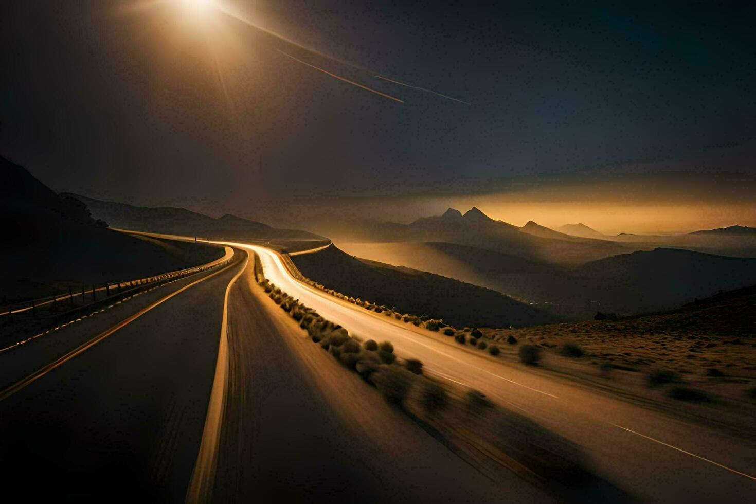 un' lungo esposizione foto di un' strada con un' sole splendente nel il sfondo. ai-generato