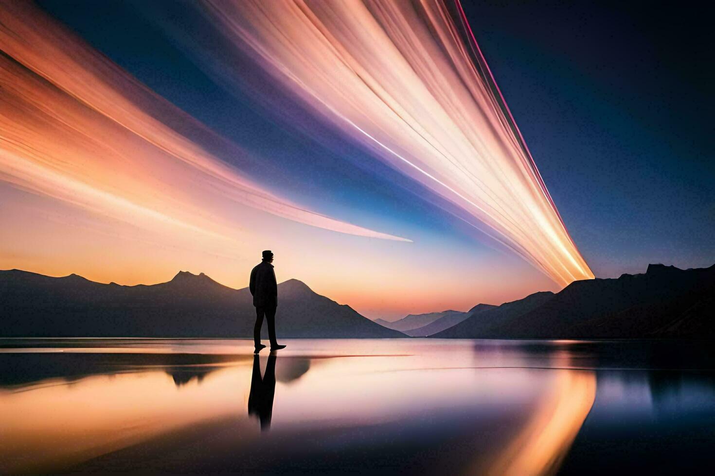 un' uomo in piedi su il riva di un' lago a tramonto. ai-generato foto