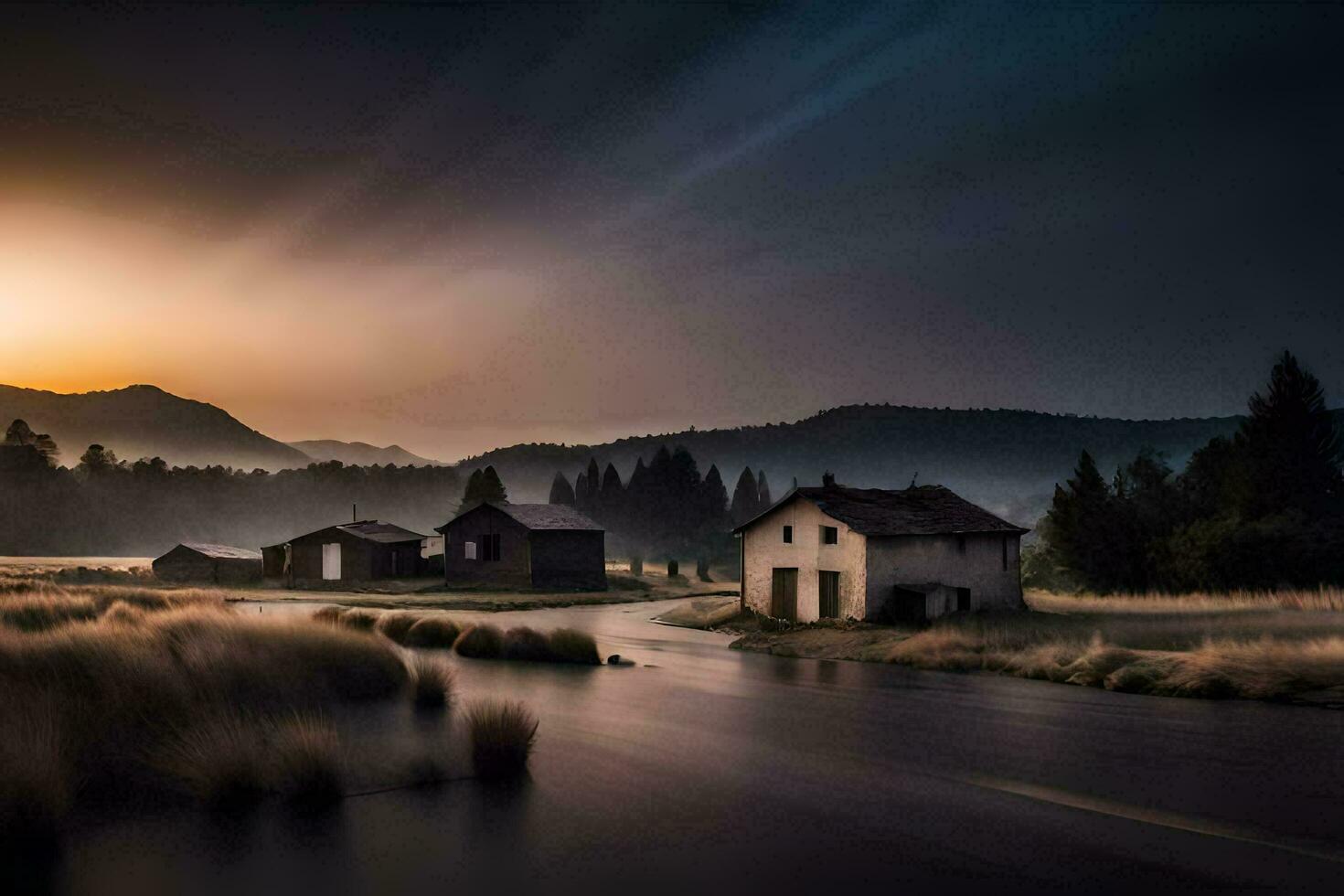 un' Casa si siede su il bordo di un' fiume nel il mezzo di un' campo. ai-generato foto