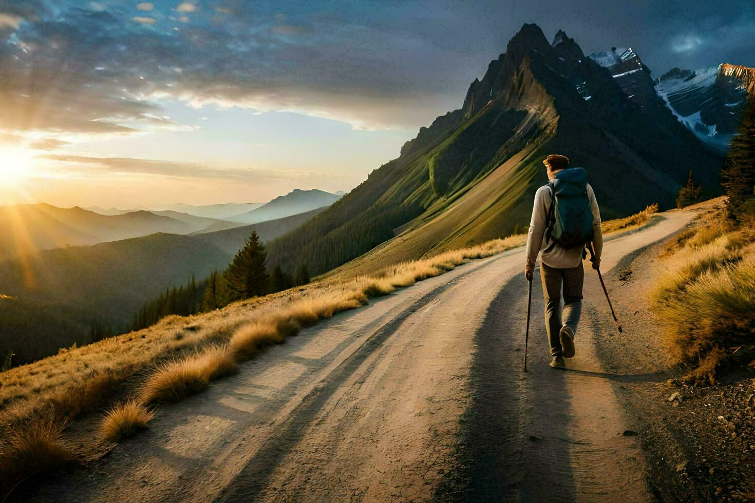 un' uomo passeggiate su un' strada nel il montagne. ai-generato foto