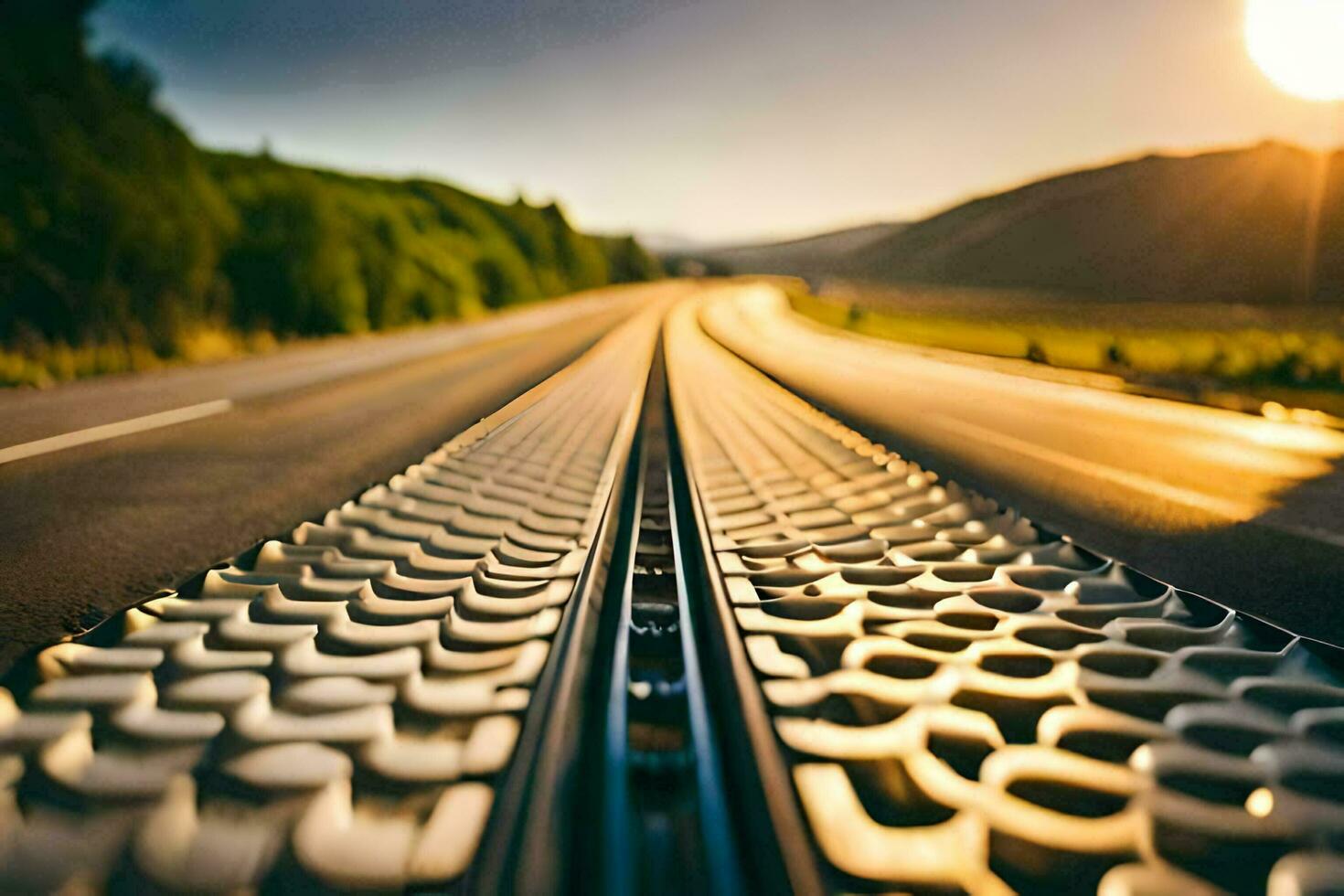 un' lungo strada con un' treno traccia nel il sfondo. ai-generato foto