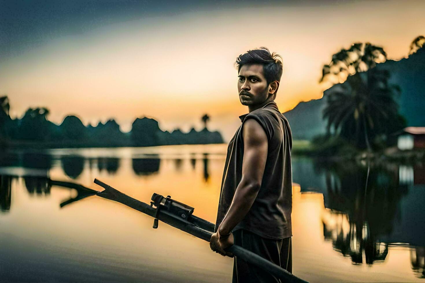 un' uomo Tenere un' bastone nel il acqua a tramonto. ai-generato foto