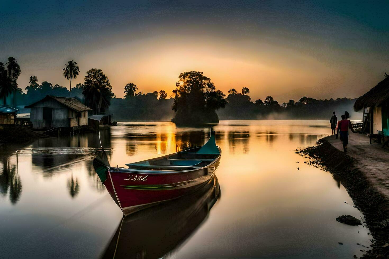 un' barca si siede su il acqua a tramonto. ai-generato foto