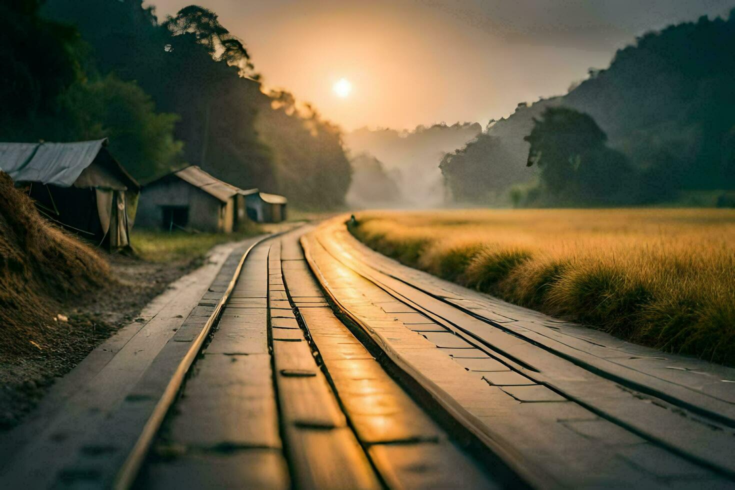 un' treno traccia nel il mezzo di un' campo a Alba. ai-generato foto