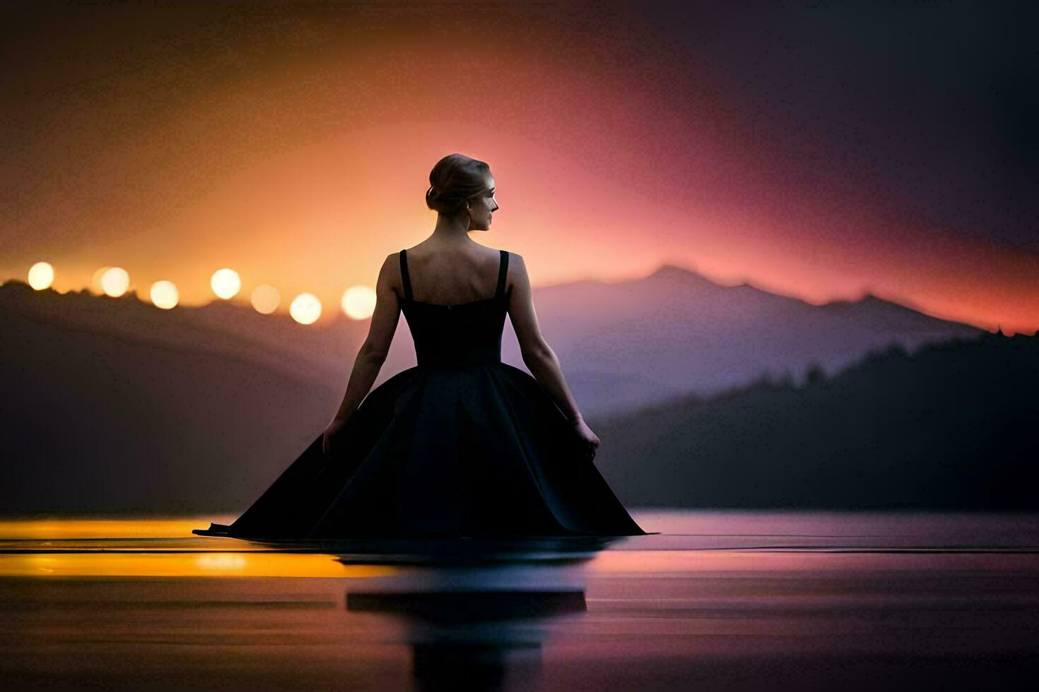 un' donna nel un' nero vestito seduta su il bordo di un' lago a tramonto. ai-generato foto