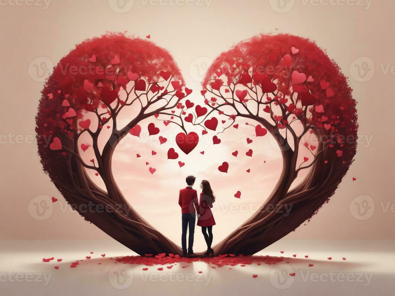 grafica per un' coppia nel amore contro il sfondo di un' rosso a forma di cuore albero foto