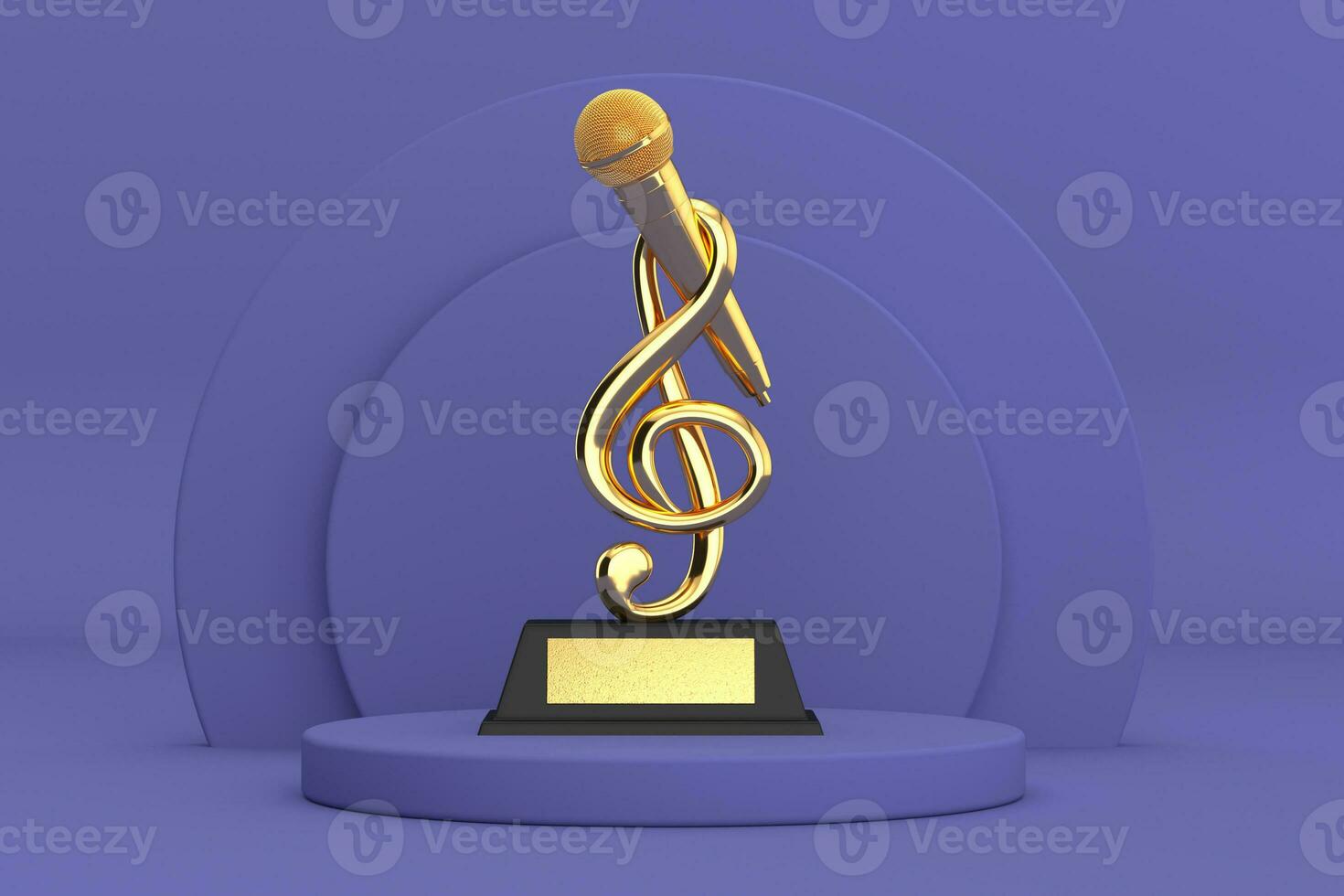 d'oro musica triplo chiave con microfono premio trofeo al di sopra di viola molto peri cilindri prodotti palcoscenico piedistallo. 3d interpretazione foto