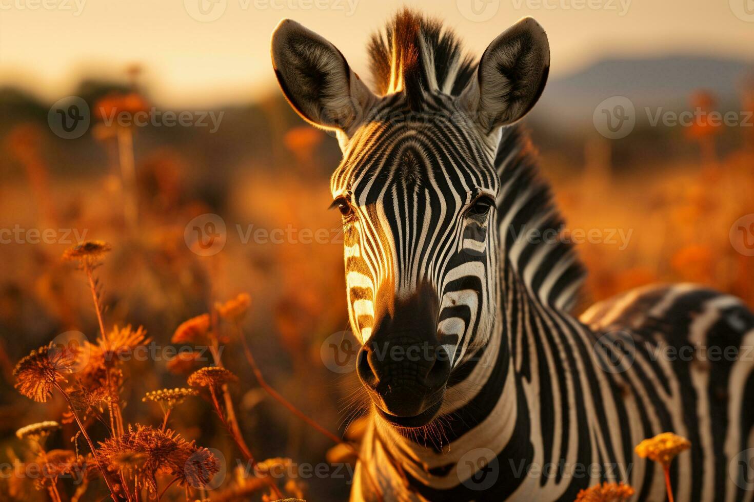 zebra nel il campo retroilluminato caldo illuminazione tramonto natura. generativo ai. foto