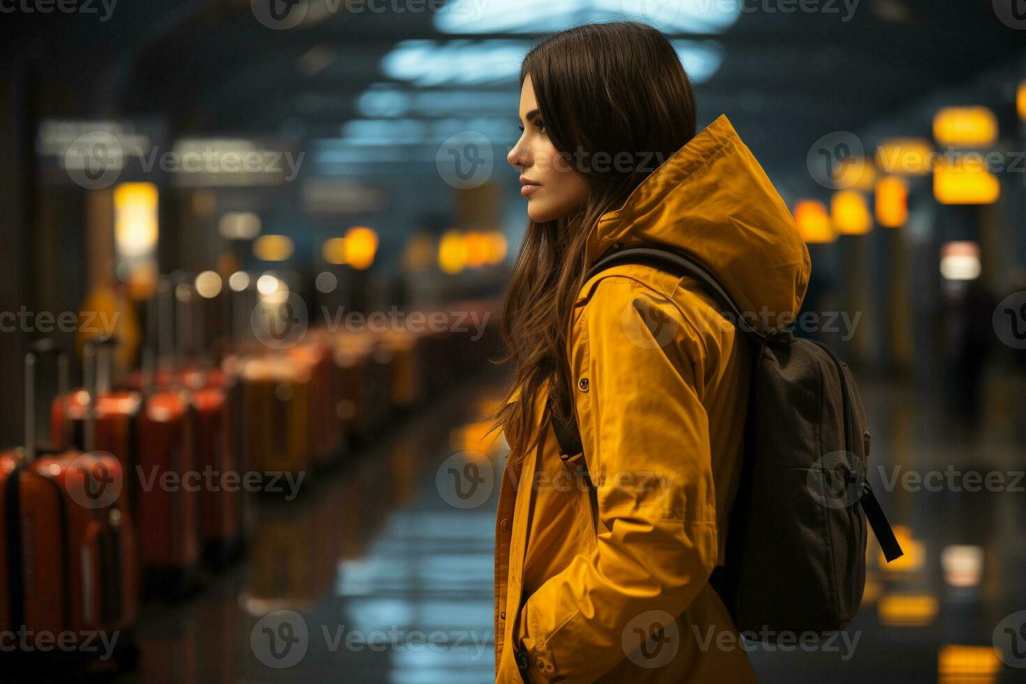 giovane donna a treno stazione guardare a destinazione tavola. viaggio e pubblico trasporto concetto. generativo ai. foto