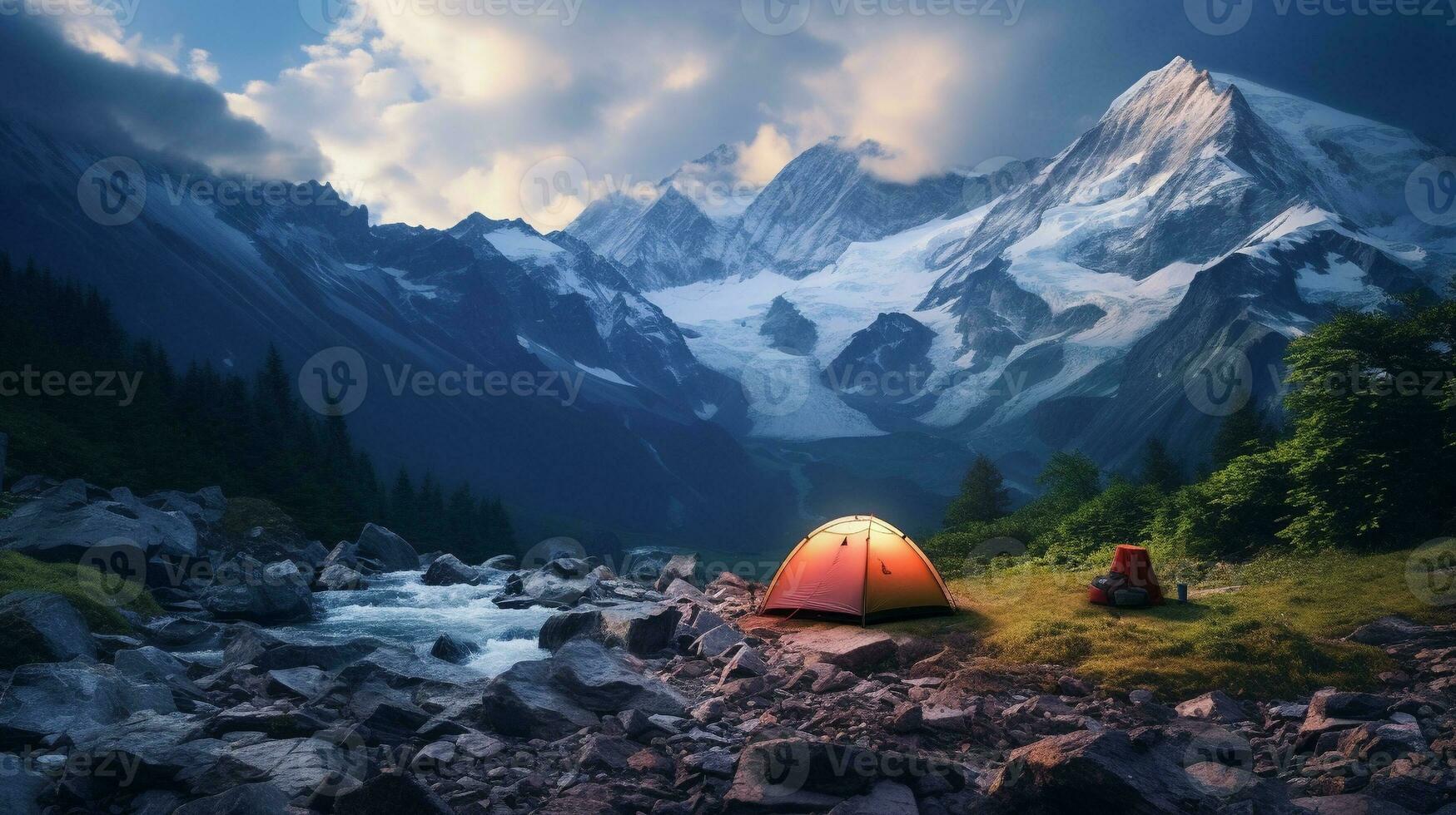 campeggio su un' montagna superiore con un' mozzafiato Visualizza di il cielo e tramonto con un' fuoco di bivacco nelle vicinanze ai generativo foto