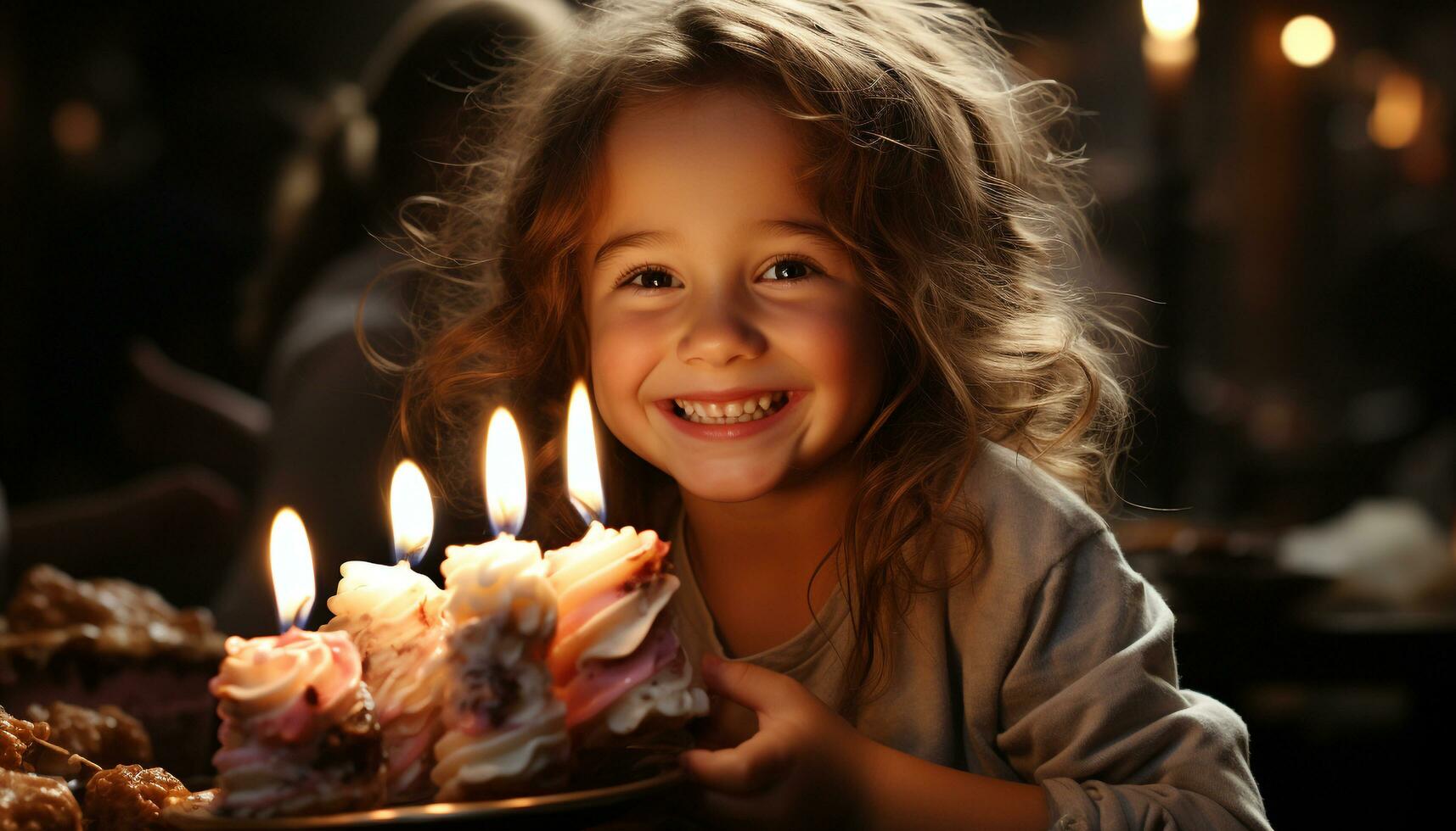 sorridente bambino detiene candela, gode compleanno festa con famiglia generato di ai foto