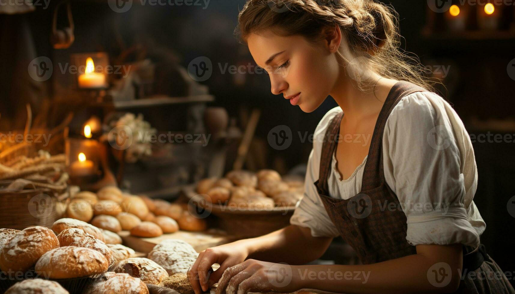 uno giovane donna cottura al forno fatti in casa pane, sorridente nel sua laboratorio generato di ai foto