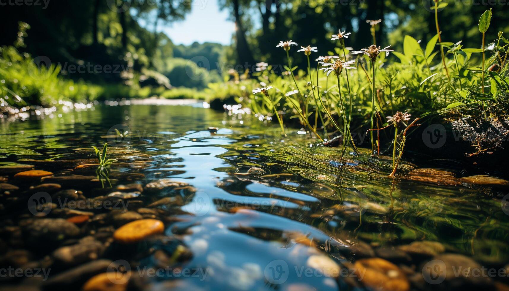 tranquillo scena verde prato, fluente acqua, fiori riflettere naturale bellezza generato di ai foto