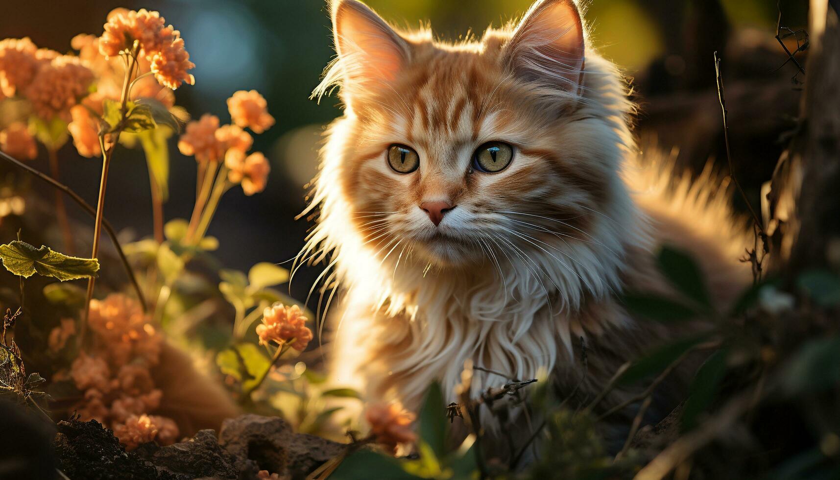 carino gattino seduta nel erba, guardare a telecamera con curiosità generato di ai foto