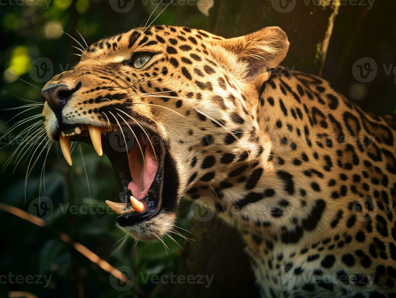 dettagliato vicino su ritratto di un' ruggente leopardo, generativo ai foto