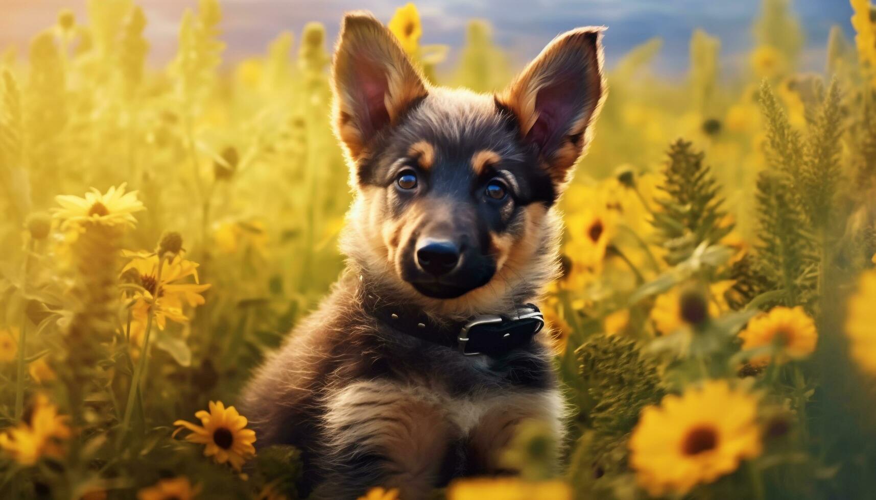 carino cucciolo seduta su erba, guardare a telecamera generato di ai foto