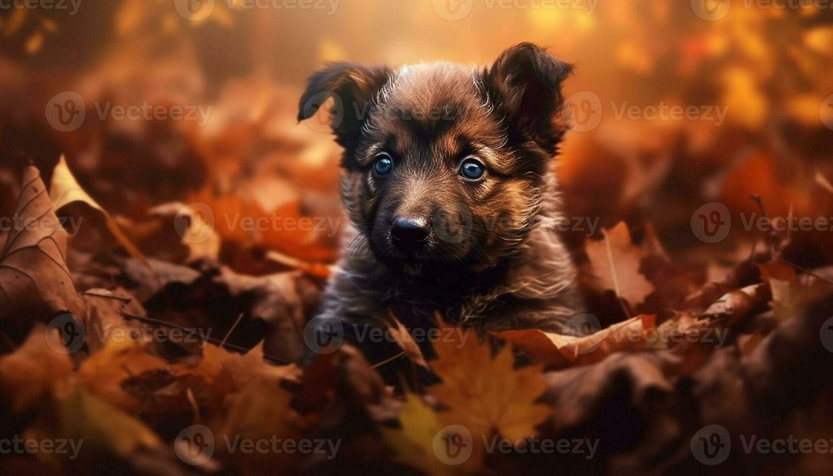carino cucciolo seduta nel autunno erba, guardare a telecamera generato di ai foto
