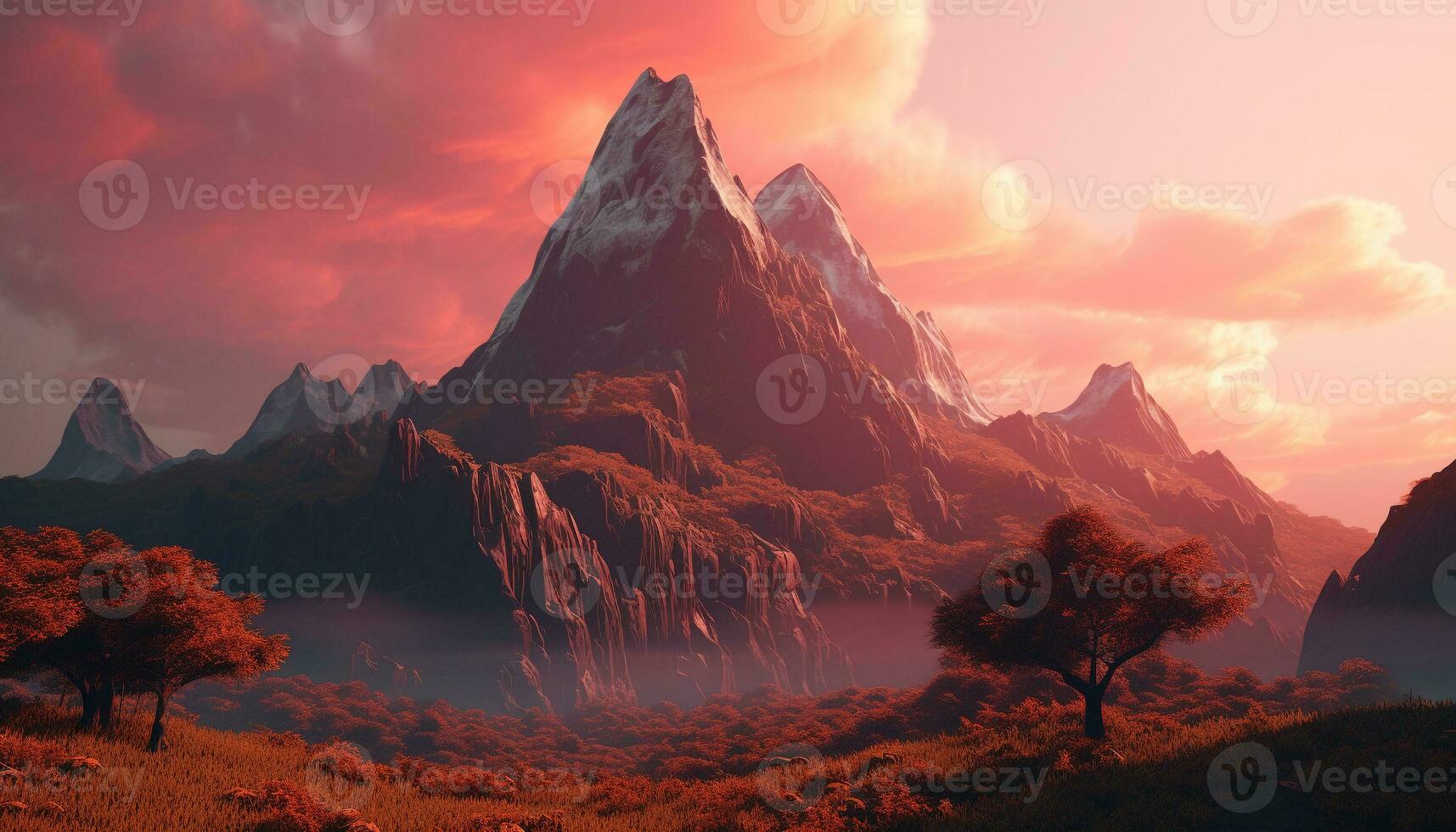 maestoso montagna picco, tramonto cielo, natura bellezza nel panoramico paesaggio generato di ai foto