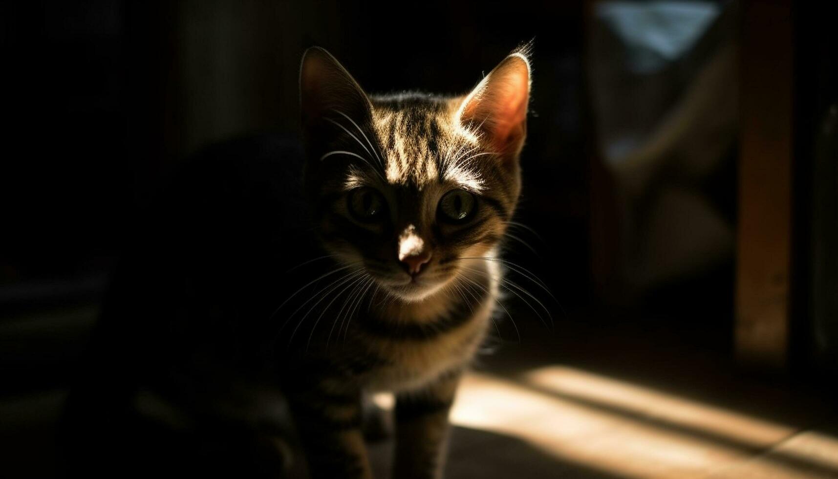 carino gattino seduta al chiuso, fissando con giocoso curiosità a telecamera generato di ai foto