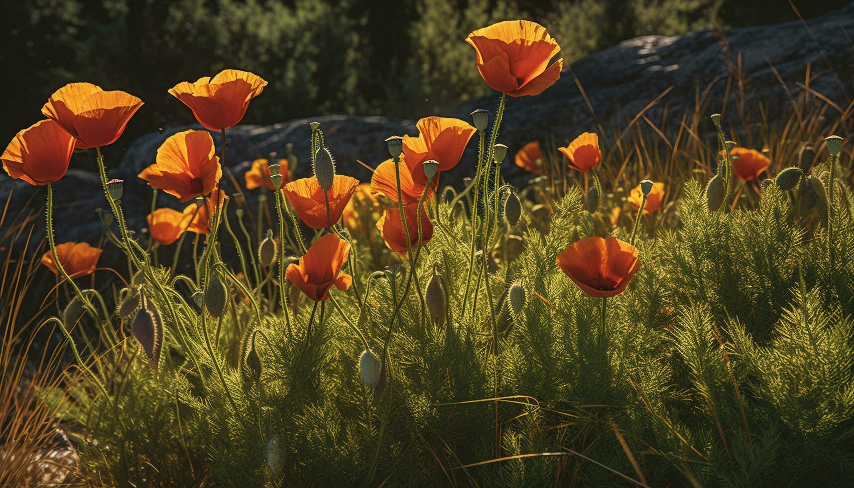 vivace prato, colorato fiori, verde erba, tranquillo natura, fresco luce del sole generato di ai foto